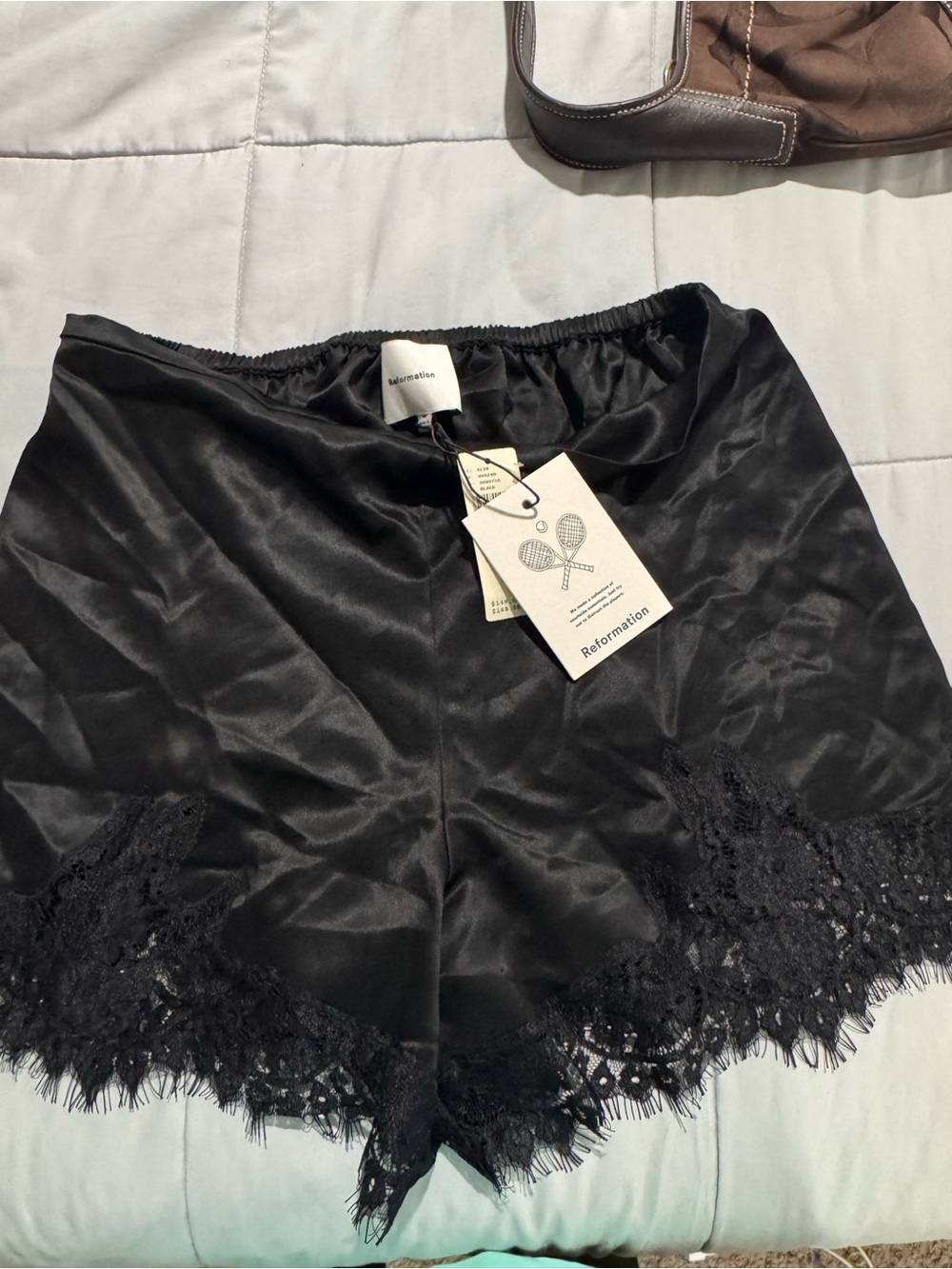 Reformation Black Satin Lace-Trim Sleep Shorts